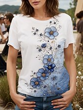 abordables T-shirt floral-Femmes T-shirt Fleuri Graphique Plantes ancien Élégant Classique Manche Courte Col ras du cou Col rond Hauts Réguliers Quotidien Imprimé Noir et blanc Jaune Bleu Violet Fuchsia Été Printemps