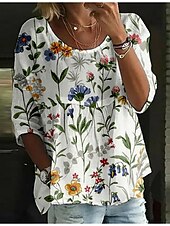 billige Blomstrete topper-Dame Bluse Blomstret Stilfull 3/4 ermer Crew-hals Vanlige topper Daglig Ferie Trykt mønster Hvit Navyblå Blå Himmelblå Kakifarget Sommer