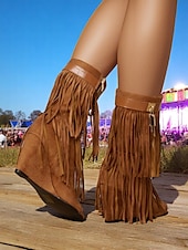 abordables Sandalias de Vacaciones-Botas de cuña con punta abierta de ante con flecos para mujer, con cremallera y detalle de candado: estilo bohemio para festivales, conciertos de música y eventos al aire libre.
