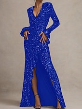 abordables NOIR-Robe de soirée sirène  trompette paillettes extensibles élégante robe de mariage formelle longueur sol manches longues encolure carrée étincelante avec volants et fente