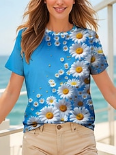 abordables T-shirt floral-Femmes T-shirt Fleuri Graphique Plantes ancien Élégant Classique Manche Courte Col ras du cou Col rond Hauts Réguliers Quotidien Imprimé Noir et blanc Jaune Bleu Violet Fuchsia Été Printemps