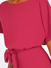 olcso party jumpsuits-női jumpsuit elegáns öves derék piros széles szárú kerek nyakú rövid ujjú egyszínű party munka alkalmi tavaszi nyári ruházat ruházat