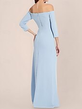 economico BLU-Abito da sera sirena  tromba abito elegante matrimonio formale lunghezza fino al pavimento maniche 3/4 spalle scoperte crepe elasticizzato con pieghe e volants arricciati