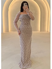 זול שמפניה-Sheath  Column Evening Gown שמלה אלגנטית קרנבל רשמית באורך רצפה שרוול ארוך צוואר ריבועי מבריק עם נצנצים