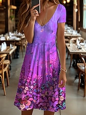 cheap Floral Dress-Women&#039;s Mini Dress T Shirt Dress Tee Dress Sundress A Line Dress Vacation Casual Beach Beach Regular Fit Ombre Floral Graphic Short Sleeve V Neck Yellow Red Blue Purple Summer