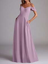 baratos Vestidos para Madrinhas-Vestido de Madrinha A-Line Alça Fina Manga Curta Elegante Comprimento Total Chiffon com Cor Sólida 2025