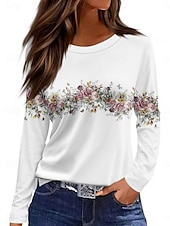 ieftine tricou floral-Pentru femei Tricou Floral Grafic Plante Epocă Stilat Clasic Manșon Lung Stil Nautic Rotund Topuri obișnuite Zilnic Imprimeu Alb Roz Îmbujorat Albastru piscină Vară Primăvară Toamnă