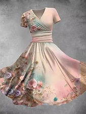 ieftine Rochii florale-Pentru femei Rochii Midi Rochie A line Rochie de vară Rochie Fit And Flare Petrecere Casual Zilnic Concediu Fit regulat Floral Grafic Manșon scurt În V Negru Alb Portocaliu Vară