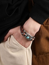 preiswerte Herrenschmuck-Türkisfarbenes Lederarmband für Herren mit Totenkopf und Metallakzenten, Bohème-Western-Stil, perfekt für die Freizeit und den Alltag