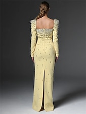 cheap YELLOW-Mermaid / Trumpet High Fashion Yellow Dress Elegant Dress Formal Wedding Floor Length Semi Formal Long Sleeve Square Neck Crepe Center Back Slit with Crystal