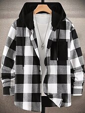 baratos Casacos &amp; Sobretudos para Homem-Homens jaqueta leve Jaqueta de Camisa Jaqueta casual Cabana Férias Diário Respirável Bolsos Primavera Outono Xadrez Moda Clássico Com Capuz Padrão Preto Vermelho Azul cáqui Casaco