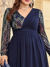 cheap BLUE-A-Line Plus Size Dresses Elegant Curve Dress Formal Wedding Floor Length Long Sleeve V Neck Chiffon with Sequin