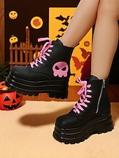 baratos Para mulheres-Botas de combate femininas góticas plataforma - botas pretas grossas de amarrar no tornozelo com caveira rosa para cosplay, Halloween e streetwear punk