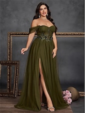 baratos VERDE-Vestidos A-Line Plus Size Vestido Curvo Elegante Formal Casamento Comprimento do Chão Sem Mangas Ombro Descido Chiffon Costas à Mostra com Fenda 2025