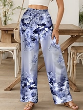 abordables jambe large et taille haute-Femmes Culottes Jambe Large Chinos Pantalons Amples Vacances ancien Mode Longueur complète Taille haute Fleuri Graphique Dégradé Ceinture Élastique Impression Respirant Doux Micro-Élastique Formel