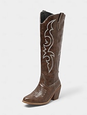 levne Cowboy &amp; Western Boots-Dámské hnědé kovbojské kozačky po kolena v západním stylu - vyšívané natahovací jezdecké boty z umělé kůže s blokovými podpatky na country koncerty, rančové outfity a podzimní outfity