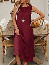 preiswerte Weißes Kleid-Damen Maxikleid A Linie Kleid Sommerkleid Lässig Täglich Normale Passform Einfach Ärmellos Rundhalsausschnitt Wein Blau Braun Grün Sommer