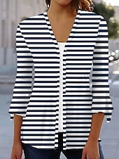 billige Stripe og geometrisk t-skjorte-Dame T skjorte Grafisk Stripet Elegant Årgang Stilfull 3/4 ermer V-hals Vanlige topper Daglig Trykt mønster Navyblå Beige Lyseblå Sommer