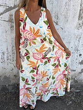 abordables Robes fleuries-Femmes Robe maxi Robe trapèze Robe Nuisette Vacances Occasionnel Boho Extérieur Sortir Coupe régulière Fleuri Sans manches Col en V Bleu Abricot Beige Été