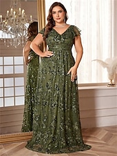 abordables VERT-Robe A-Ligne Grande Taille Élégante Robe Courbée Formelle Mariage Longue Traîne Manches Courtes Décolleté en V en Polyester Dos V avec Sequins 2025