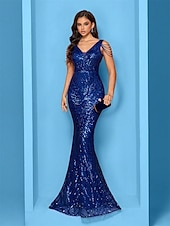 abordables BLEU-Robes de Quinceanera sirène  trompette élégantes formelles pour mariage longueur de sol sans manches en V sequins avec sequins