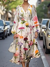 cheap Print Floral Dresses-Women&#039;s Midi Dress Casual Dress Print Dress Elegant Fashion Outdoor Party Holiday Regular Fit Flower Long Sleeve V Neck Pink Blue Purple Summer Spring