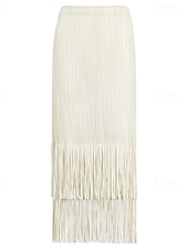 abordables Jupes unies-Femmes Ample Élégant ancien Mode Midi Taille Moyenne Jupes Frange à pompons Froncé Élastique Vacances Quotidien Aqua bleu Noir Vert Claire Rose Claire Été Polyester