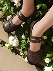 abordables Années 1950-Escarpins Mary Jane en similicuir marron pour femme – Chaussures vintage des années 1950 à talon bas et double bride à boucle, idéales au quotidien ou pour le bureau