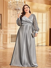 abordables VERT-Robe A-Line Grande Taille Élégante Robe Courbe De Mariage Formelle Longue Au Sol Manches Longues Col en V En Polyester Avec Plis 2025