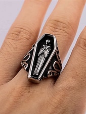 cheap Halloween Accessories-Men’s Gothic Coffin Titanium Steel Ring – Vintage Halloween Party Statement Jewelry with Skeleton Design for Cosplay &amp; Retro Fashion