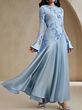 preiswerte BLAU-Blauer Bogen Spitze A-Linie Abendkleid Elegantes Kleid Formelles Hochzeitskleid Bodenlang Lange Ärmel Rundhals Stretchmaterial