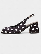 olcso 1950-es évek-női fekete-fehér pöttyös, slingback blokk sarkú cipők – retró vintage stílusú elegáns cipők partikra, irodába és mindennapi viseletre