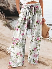 economico Pantaloni in cotone e lino con grafica-Per donna Pantaloni ispirati al lino Gamba larga Pantaloni Palazzo Moda Boho Lunghezza intera Vita Alta Fiore Elastico in vita Traspirante Confortevole Micro-elastico Streetwear Abbigliamento