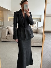 baratos Conjuntos de vestidos para mamãe-Vestido de mãe da noiva em duas peças com glitter, corte A, blazer peplum, elegante, simples, luxuoso, lapela xale, comprimento até o chão, manga longa com botões 2025