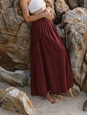 abordables Jupes unies-Femmes Jupe Évasé Occasionnel Maxi Taille Basse Jupes Uni Froncé Micro-Élastique Vacances Rue Noir Blanche Jaune Vert Véronèse Automne Coton