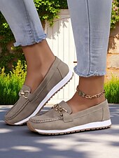 cheap Women&#039;s Slip-Ons &amp; Loafers-Women&#039;s Loafers with Gold Buckle – Casual Slip-On Flat Shoes for Garden Walks, Brunch &amp; Everyday Errands