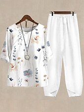 abordables Ensembles chemisiers pour femmes-Femmes Basique Chemise Ensembles de Pantalons Demi Manches Col rond A Ombre Fleuri Graphique Imprimé Fête Décontracté Quotidien Week-end Blanche Jaune Bleu clair Été Coupe régulière