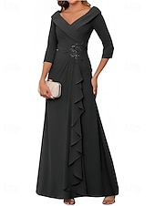 billiga Bröllopsgästklänningar-A-Linje Bröllopsgäst Klänningar Elegant Klänning Bröllopsgäst Förlovning Golvlängd 3/4 Längd Ärmar V-ringad Chiffong med Fållar Ruched Pärla