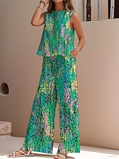 economico Set in cotone e lino-Completo due pezzi elegante da donna, stile streetwear, con camicetta, gilet, pantaloni, senza maniche, girocollo, casual, da lavoro, per attività all&#039;aperto, con stampa floreale, per le vacanze, vintage, per tutti i giorni, blu, viola, fucsia, estivo, ve