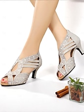 cheap Latin Shoes-Women&#039;s Rhinestone Peep Toe Mid Heel Dance Shoes with Glitter Mesh Upper for Latin Ballroom and Salsa Performances
