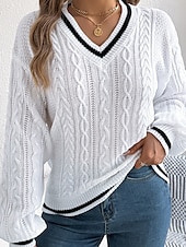 preiswerte Einfarbige Farben-Damen Pullover Lässig Farbblock Gerippt V Ausschnitt Patchwork Gestrickt Langarm Normale Oberteile Stricken Täglich Ferien Ausgehen Weiß Blau Herbst