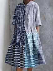 economico Abiti floreali-Per donna Abito Midi Abito a trapezio Abito Estivo Casual Quotidiano Vestibilità regolare Geometrico A righe Mezza Manica Bavero Rosso Blu Azzurro cielo Albicocca Estate