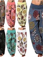 baratos perna larga e cintura alta-Mulheres Calças Calças Harem Calça Palazzo Moda Boho Comprimento total Cintura Média Imprimir Cintura elástica Confortável Micro-Elástica Rua Roupa Diária Para Noite Preto Branco Amarelo Rosa claro