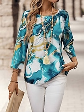 billige Kvinnenes Kunst &amp; Design Topper-Dame Bluse Grafisk Marmortrykk Elegant Bohem Årgang 3/4 ermer Crew-hals Vanlige topper Daglig Ferie Ferieklær Trykt mønster Rød Blå Lilla Grønn Sommer Vår