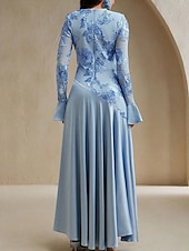 preiswerte BLAU-Blauer Bogen Spitze A-Linie Abendkleid Elegantes Kleid Formelles Hochzeitskleid Bodenlang Lange Ärmel Rundhals Stretchmaterial