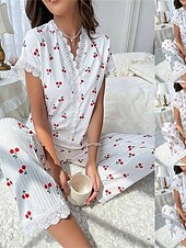 economico Top e pantaloni pigiama da donna-Per donna Set Pigiama Casual Comfort Floreale Farfalla Patchwork Elastico in vita Camicia Pantalone Casa Quotidiano Manica Corta Scollo a V Rosa chiaro Bianco Rosa Rosso Estate Primavera Vestibilit