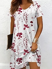 ieftine Rochii florale-Pentru femei Rochii Midi Rochii Tricou Rochie de Vară Rochie A line Vacanță Casual Stiluri de Plajă Plajă Fit regulat Floral Grafic Manșon scurt În V Negru și Alb Galben Roșu-aprins Albastru piscină