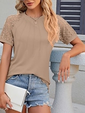 preiswerte Einfarbiges T-Shirt-Damen T Shirt Einfach Mode Stilvoll Klassisch Kurzarm Rundhalsausschnitt Normale Oberteile Täglich Wochenende Patchwork Weiß Rosa Blau Khaki Sommer