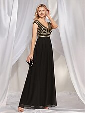 baratos PRETO-Vestidos Quinceanera A-Line Vestido Elegante Formal Comprimento de Chão Sem Mangas Decote V Chiffon Costas em V com Pregas