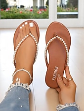 cheap Slide Sandals-Women's Pearl Embellished Flip Flop Sandals - Casual Chic Thong Flats for Daily Outings and Summer Dates